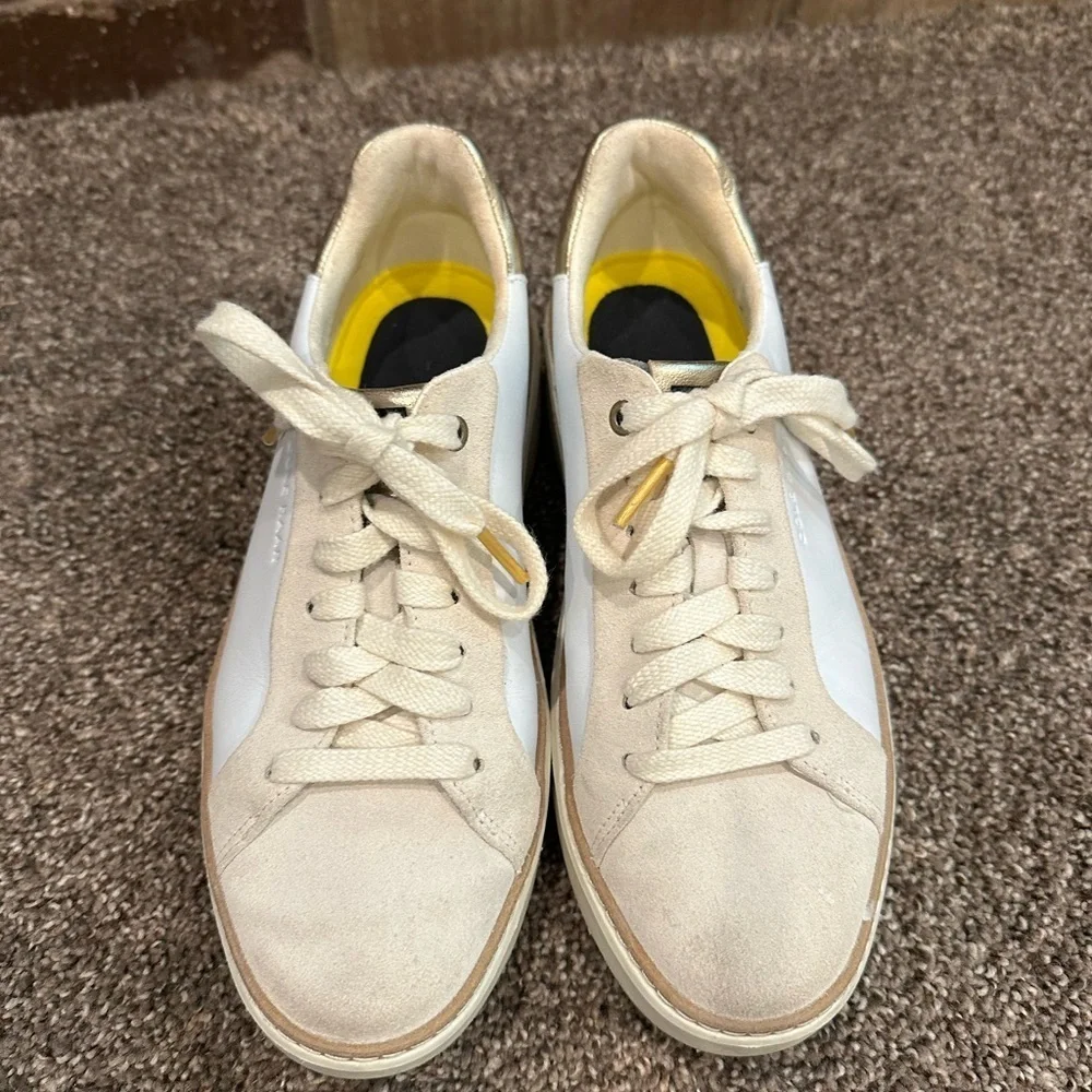 Cole Haan GrandPrø Topspin Sneakers White Leather & Suede Gold Accents Size 6.5